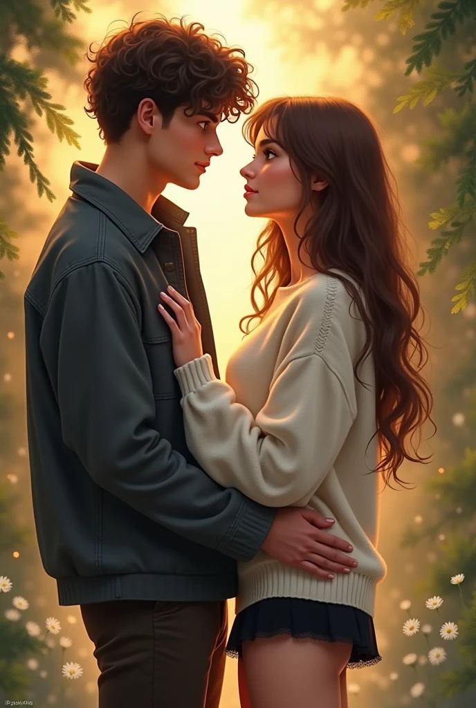 Image of a girl with brown hair wearing eye-catching but casual clothes with a white or cream wool sweater and a short black something that starts with a skirt.
Now that girl just like this, That she is flirting with a 19-year-old curly-haired guy, half-dark. Let the two of them see each other face to face., The girl flirting with him wanting him to touch her And the boy touches the girl's thigh.
From the image you sent that your hand is more, but lower