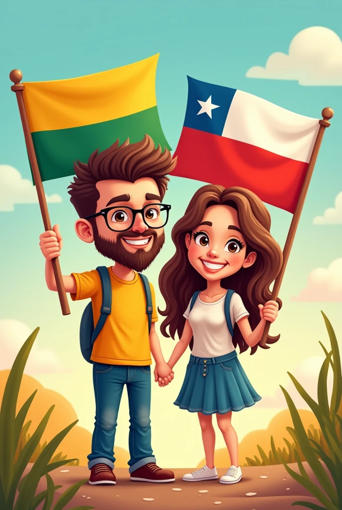 Cute cartoon of a couple, a Bolivian man with no beard wearing glasses and a Chilean woman, with their Bolivian flags of red, yellow, and green, and the Chilean flag