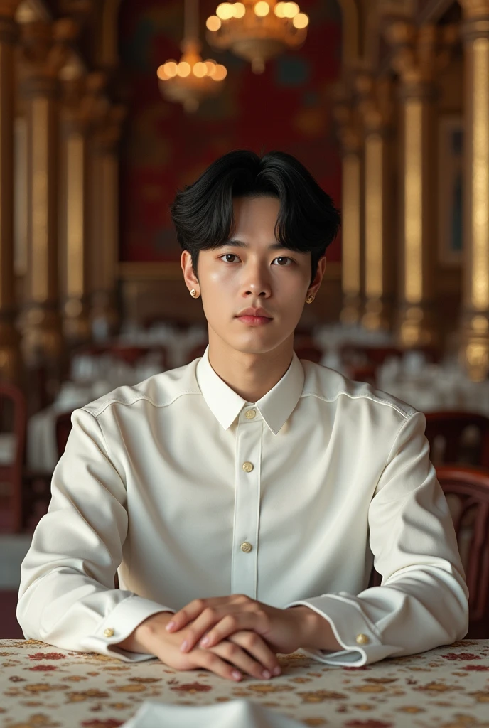 BTS's Kim Taehyung in a white shirt, black hair in a royal dining room

