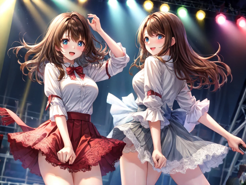 Highest quality、All limbs、Full Finger、Slender beauty、Brown Hair、yours、red, 白とredのアイドル衣装、Knee socks、Beautiful big boobs、Live Stage、sing、Grab the microphone, Dancing、Big smile、(White horizontal lace panties:1.1), (Skirt Lift:0.97), (Lift up your shirt:0.96), Showing panties、(Showing off your bra:0.94), Embarrassed expression、 (The wind is blowing my skirt away:1.3), Dynamic Angle、Naughty wind、(Erect nipples:1)