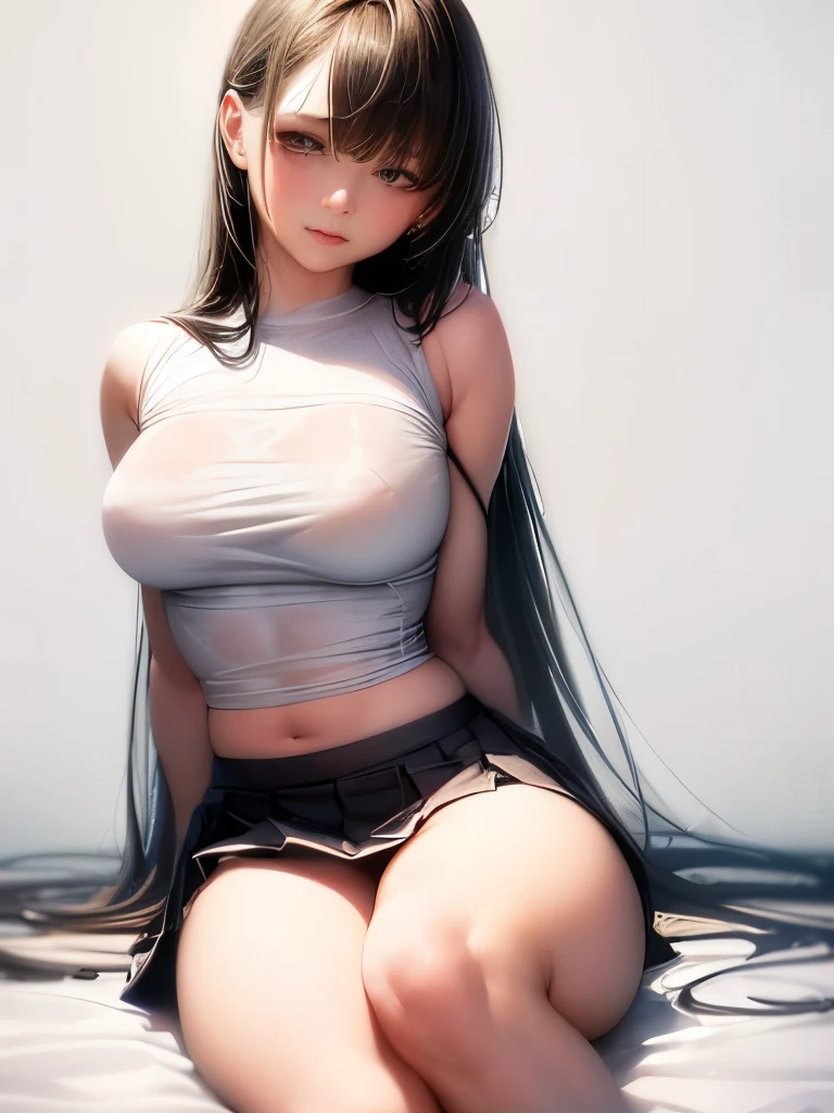 Nipples, Delicate depiction, Showing through a white shirt (((masterpiece, Highest quality)), No underwear, 1 person, (Photorealistic 8K Wallpaper: 1.4), alone, White Background,studio, Black Hair, Long Hair, Absolute area, skirt, ((whole body)), Blushing with embarrassment,