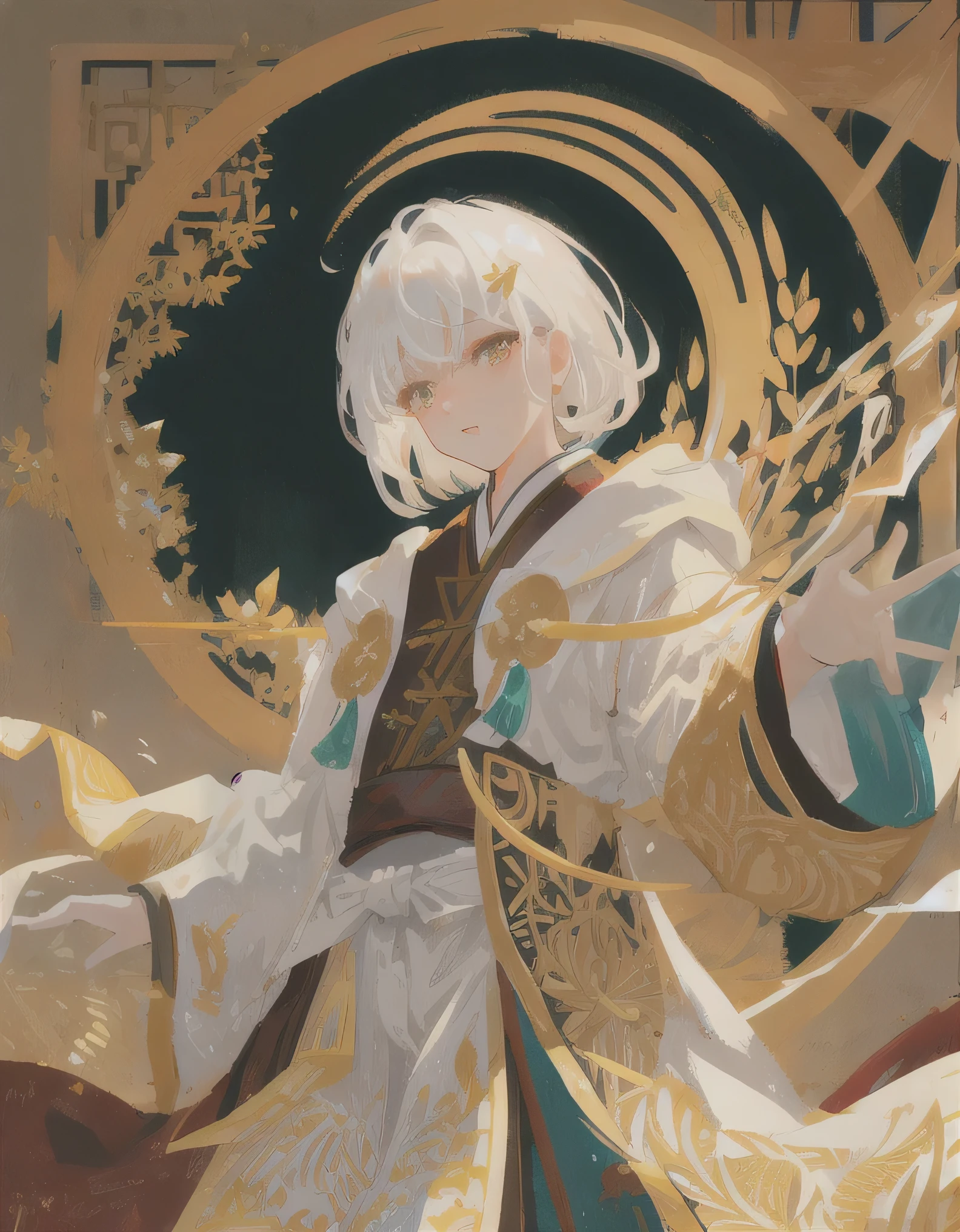 masterpiece, best quality, ultra-detailed, illustration, close-up, straight on, face focus, male, boy white hair, golden eyes, short hair, serene expression, looking at viewer, forest background, ancient clothing, chinese