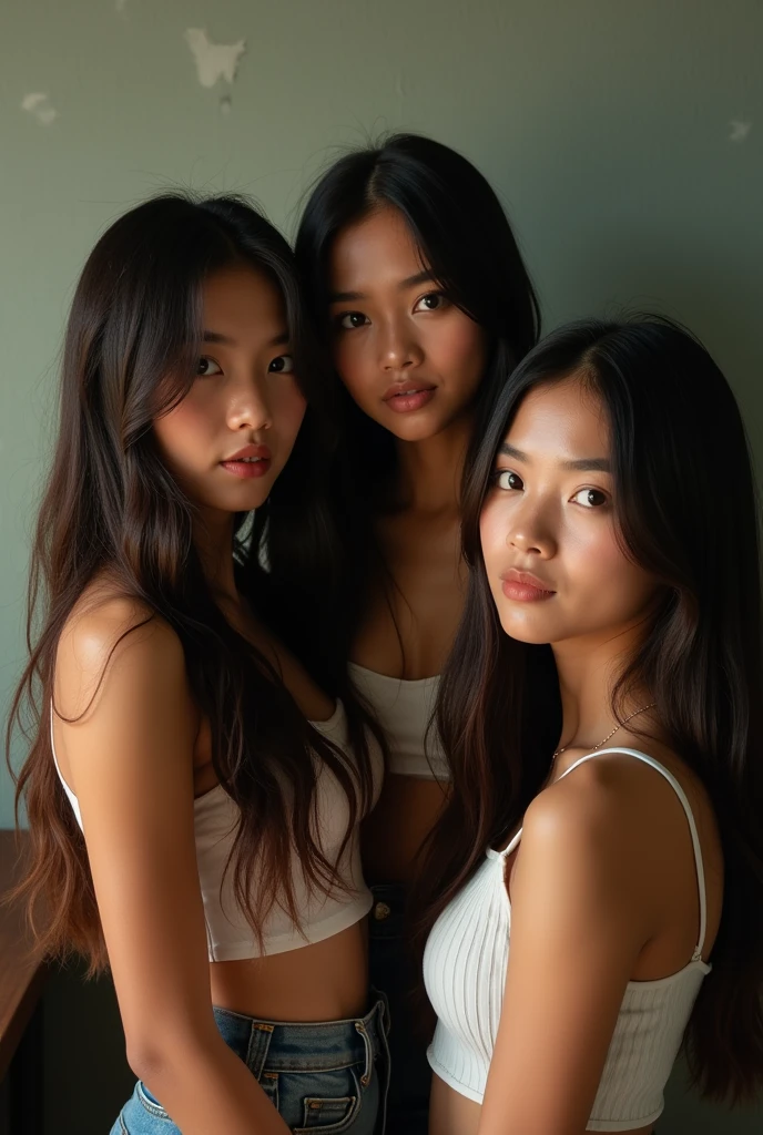 four very beautiful Indonesian women Age around 20 years, Long hair, nice body, wearing modern casual clothes, take a photo together in a very intimate setting against a hyper realistic, cinematic high resolution wall.