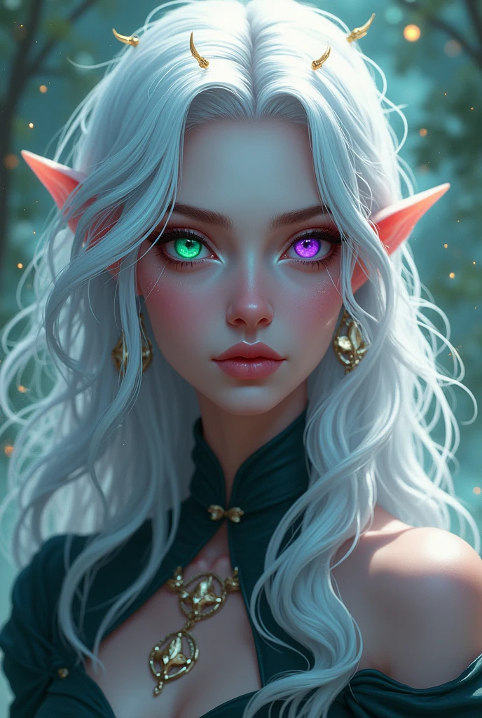 Valiriana with long, curly white hair, with one green eye and one purple 