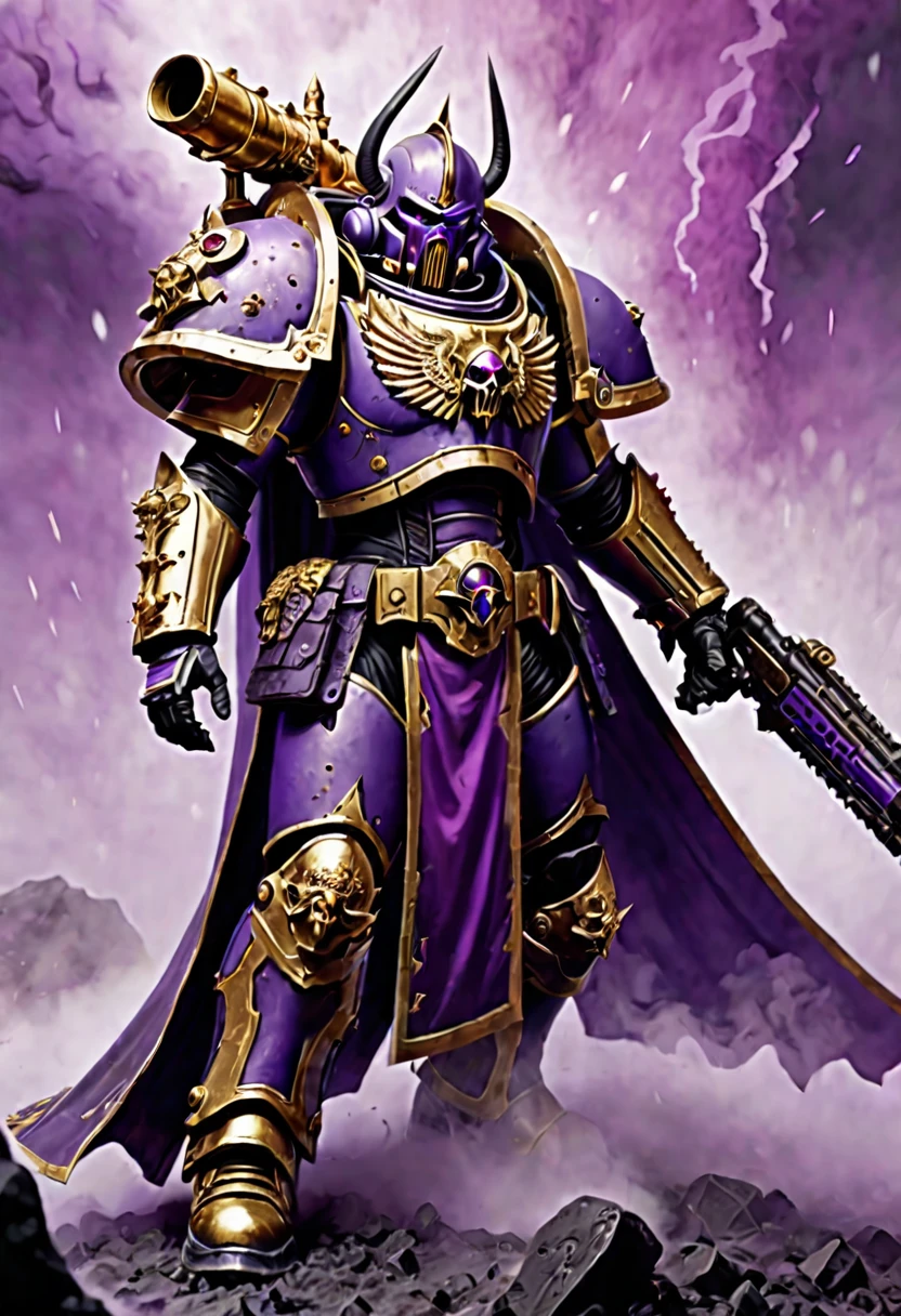 warhammer 40k, a chaos space marine of Slaanesh (purple armor, gold trim, violet cape) emerges from a mysterious fog on the battlefield, boltgun slung on his back