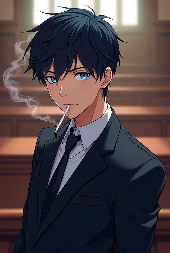 Anime style image of a man around 23 years old, black hair similar to the character Sung Jin woo from Solo Leveling, blue colored eyes, wearing a black lawyer suit and a more serious face and expression, smoking a cigarette and the scene behind him is a courtroom 