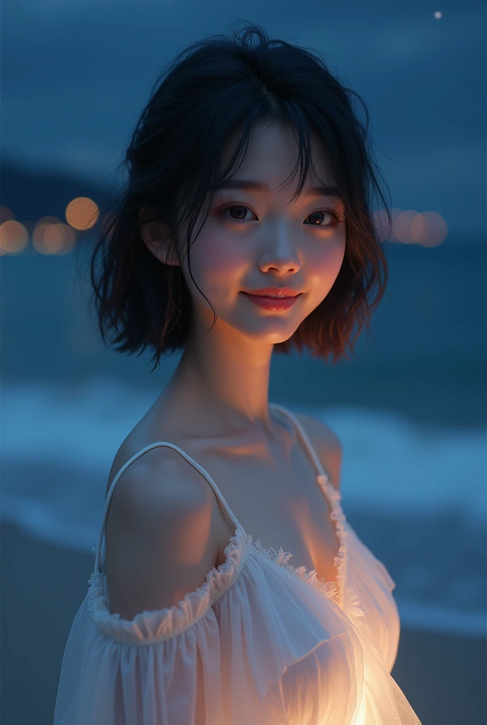 A close-up portrait of a 20-year-old Japanese woman standing on a moonlit beach at night, illuminated by soft, silvery moonlight. She is wearing a very light, white dress that gently flows with the sea breeze. Her short hair frames her face, and she exudes femininity with a warm, radiant smile and graceful pose. The dark, serene ocean and starry sky in the background enhance the overall ethereal atmosphere.