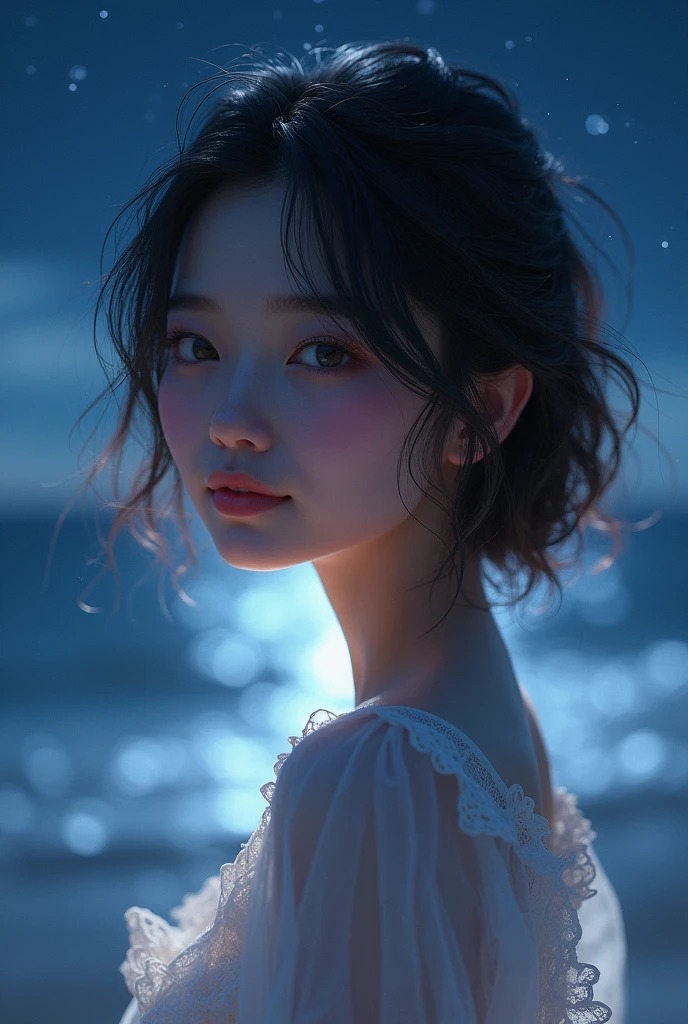 A close-up portrait of a 20-year-old Japanese woman standing on a moonlit beach at night, illuminated by soft, silvery moonlight. She is wearing a very light, white dress that gently flows with the sea breeze. Her short hair frames her face, and she exudes femininity with a warm, radiant smile and graceful pose. The dark, serene ocean and starry sky in the background enhance the overall ethereal atmosphere.