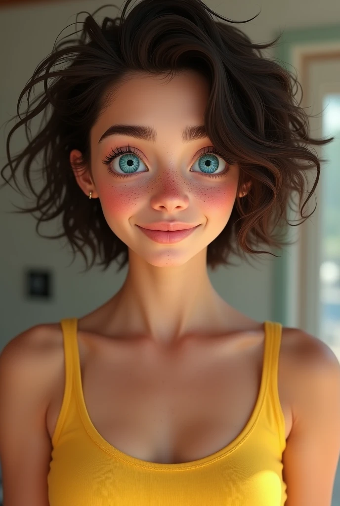 Caucasian woman with curly hair , short turquoise blue eyes,freckled nose arbitrated, yellow tank top 