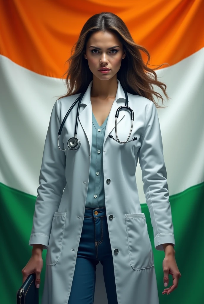 A lady doctor who is violent who is wearing stethoscope and she holds Indian national flag 