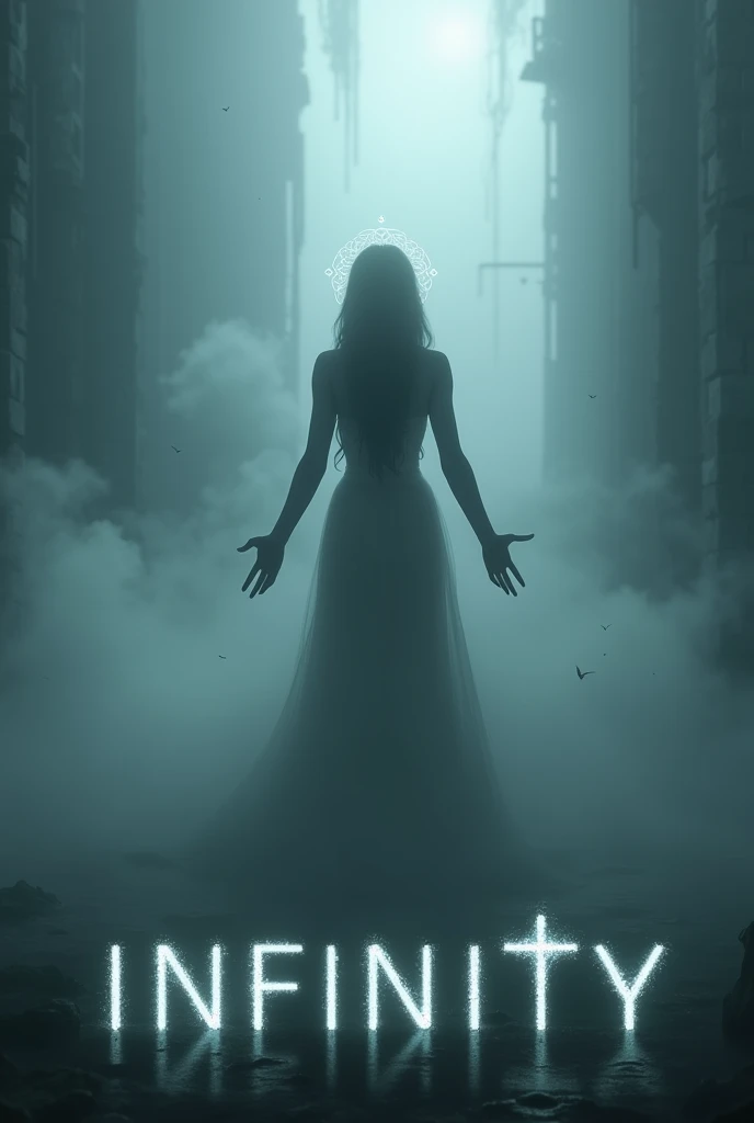 The words "INFINITY" written in large letters at the bottom of the screen, Mysterious Fog, Symbols of death appearing from the mist, reaching out to grab you, an ominous atmosphere, a production that stirs up anxiety and fear, ((masterpiece, highest quality, Highest image quality, High resolution, photorealistic, Raw photo, 8K)), ((Extremely detailed CG unified 8k wallpaper)), (huge stunning goddess shot, very hot and sexy, jaw-dropping beauty, perfect proportions, beautiful body, slim body beauty:1.4),