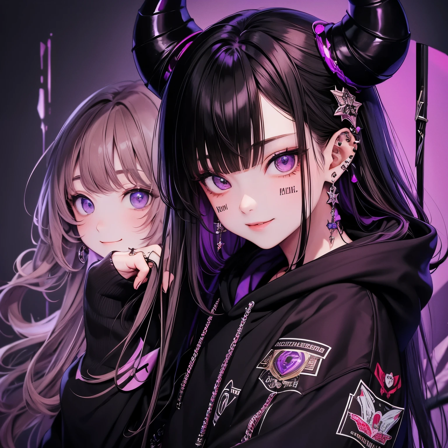 (masterpiece), Highest quality, Ultra-high resolution,Devil with a black ribbon、Brown Hair、Brown eyes、Purple clothes、hoodie、A lot of ear piercings、Visual Kei、smile