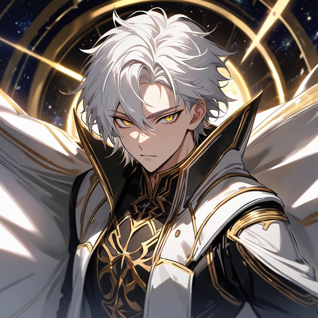 High quality, HD, 4k, no shadows, handsome male, handsome, 1male, 18 years old, 18yo, short white hair, white hair, white hair, white hair, sharp eyes, deep golden colored eyes, dark gold colored eyes, deep gold eyes, gold eyes, devil may cry, close up, calm expression, stoic expression, black leather clothes, white leather clothing, lean body, well trained body, upper body, looking at viewer, cowboy shot, white solar, space background