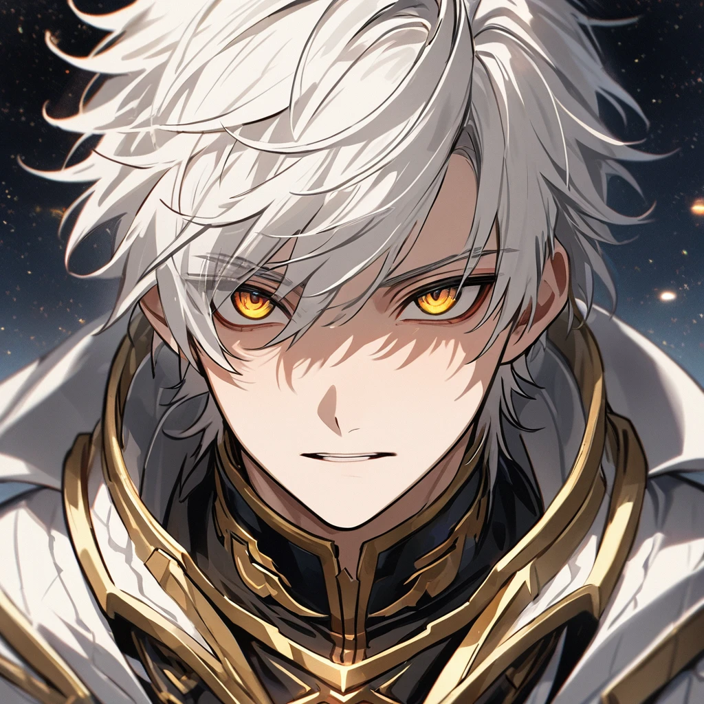High quality, HD, 4k, no shadows, handsome male, handsome, 1male, 18 years old, 18yo, short white hair, white hair, white hair, white hair, sharp eyes, deep golden colored eyes, dark gold colored eyes, deep gold eyes, gold eyes, devil may cry, close up, calm expression, stoic expression, black leather clothes, white leather clothing, lean body, well trained body, upper body, looking at viewer, cowboy shot, white solar, space background