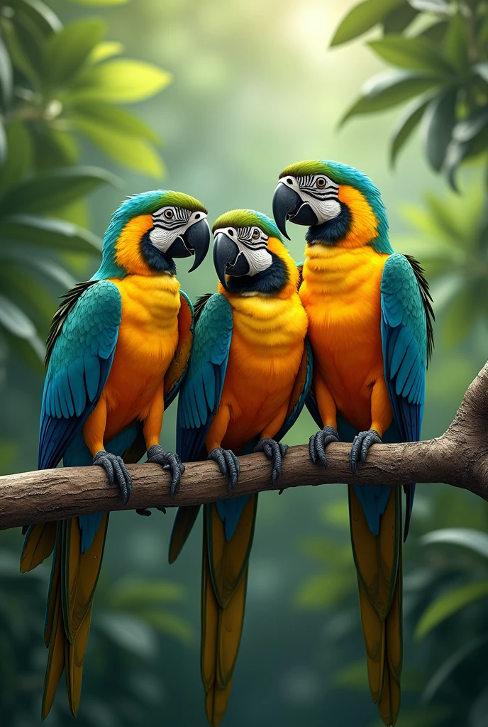 Three colorful birds (blue, yellow, and green) sitting on a tree branch.