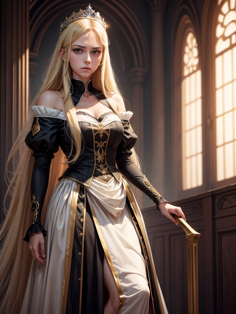 A tall blonde girl with emotionless black eyes, a princess of royal blood in a more closed outfit