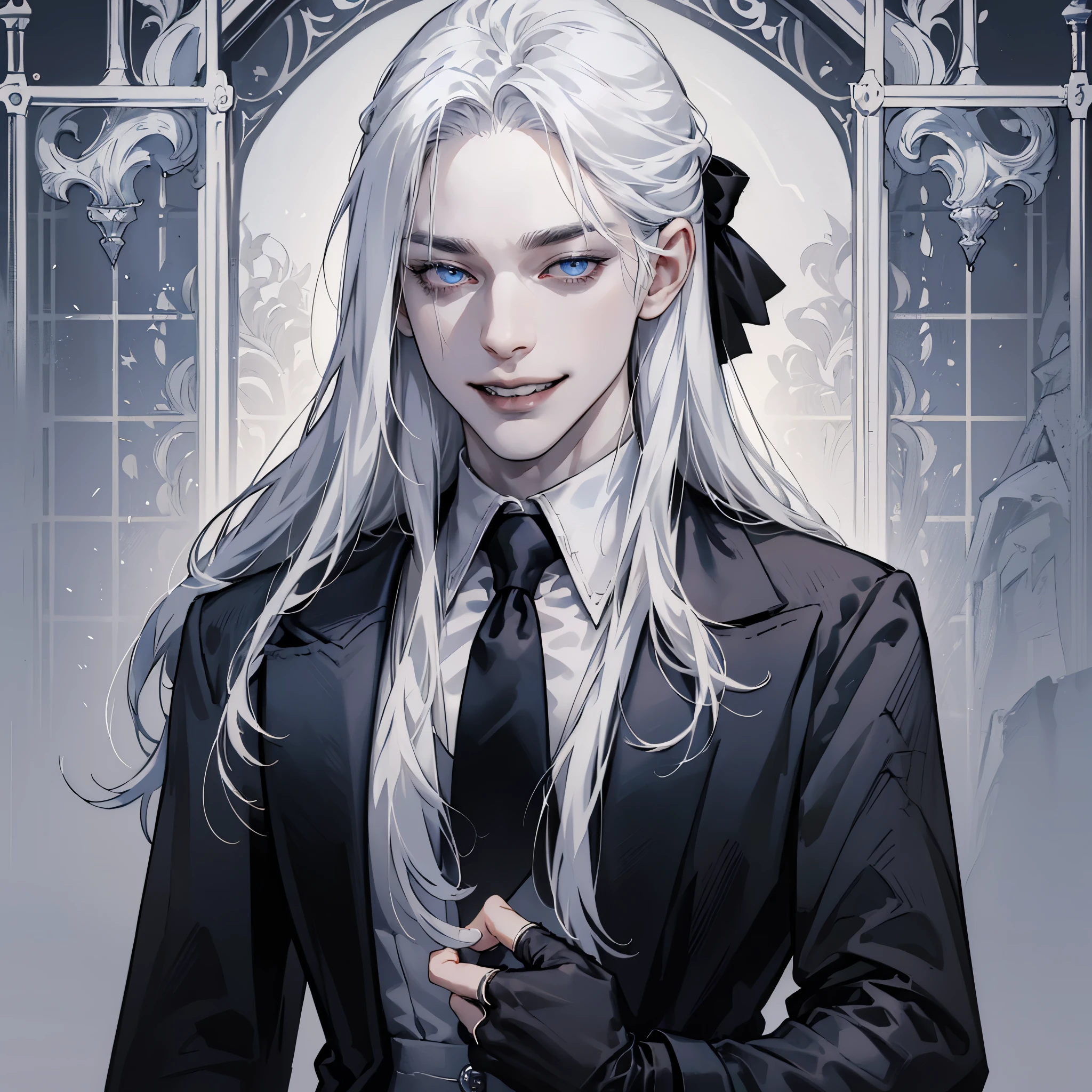 Man with long white hair, pale skin, grey-blue eyes, long dark gray coat, white shirt, black gloves, black pant, black vest, black necktie, Sadistic smile, white porcelain mask in hands, Plain background