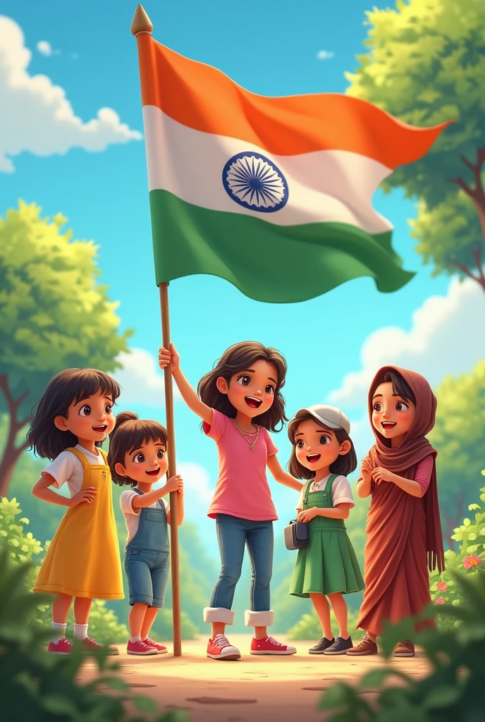 One Little girl wearing doctor's dress and one wearing school uniform and Wearing farmer's dress and one littoral girl wearing hijab and one wearing jeans and one wearing saree. All are playing near indian flag