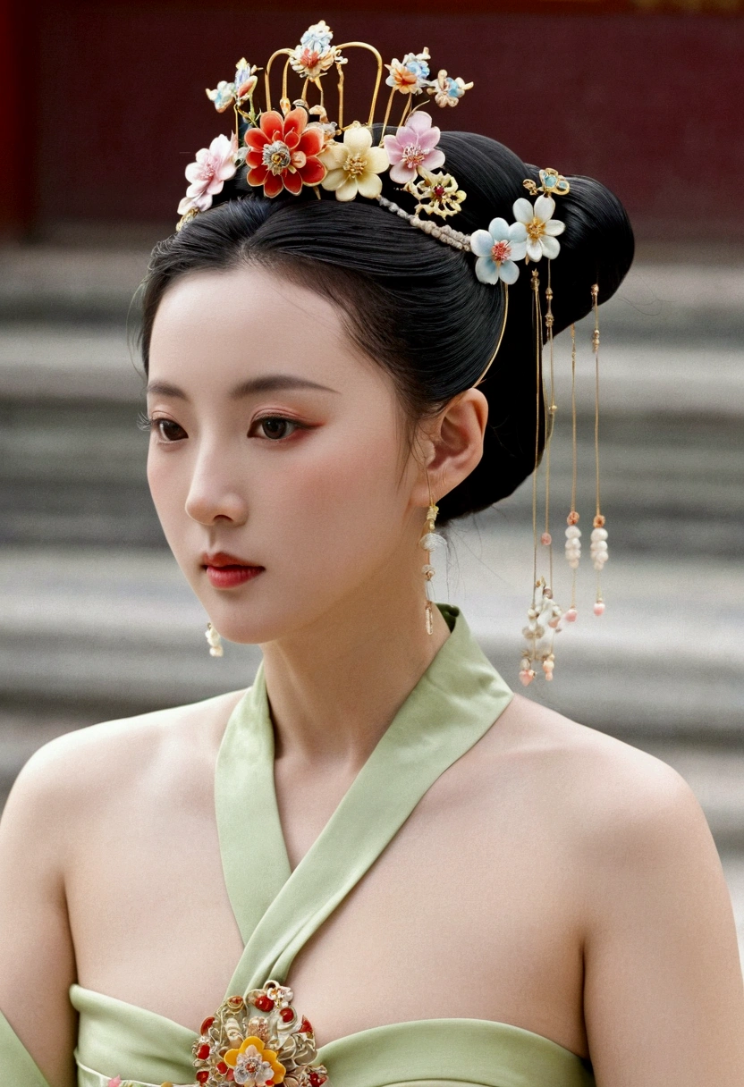Front view of a Qing Dynasty empress in a Chinese palace during the Qing Dynasty. She is naked and has large breasts. She is wearing a crown and a flower hairpin.、Tie your bangs up.、The hair at the back of her head was tied up and pulled back.. The background is the stone paving of a Chinese palace during the Qing Dynasty..