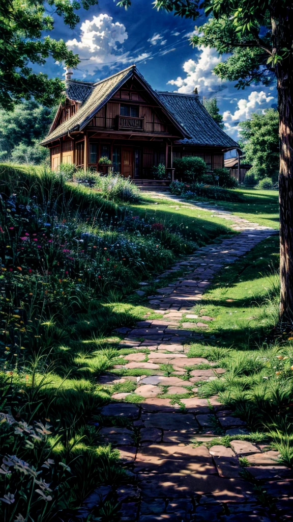 A open green grass area with a lone cottage with warm light and beautiful clouds flowers path and aesthetic view