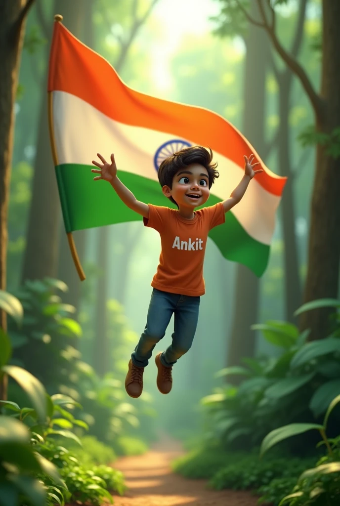 In 3d animation style '' a handsome 15year boy fly india tiranga on tha forest. Which T-shirt name print on tha ankit name 