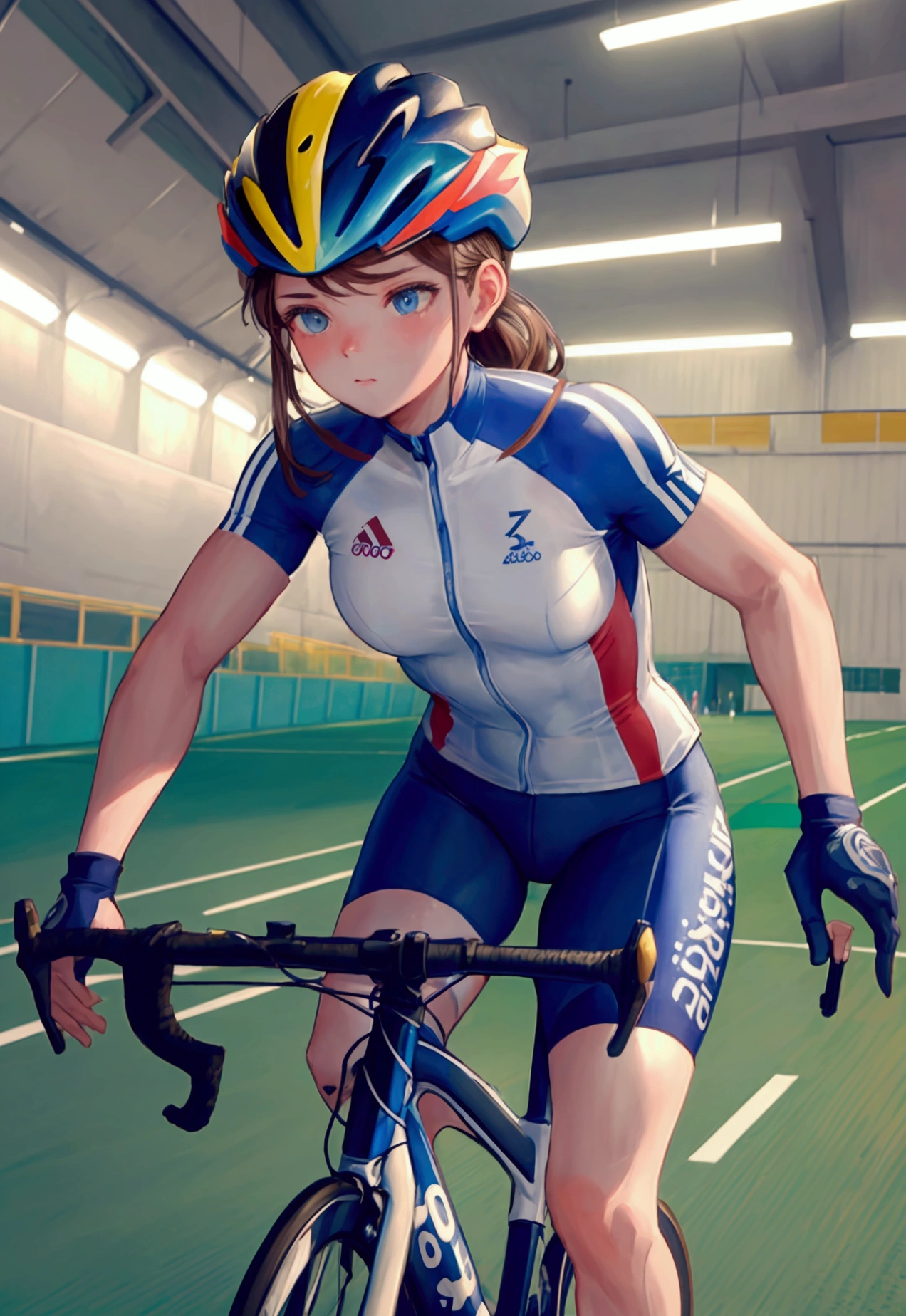 ((masterpiece)), ((Highest quality)), (Very detailed), ((Very detailed)), 4K, (8k), so beautiful, Absurd Hi-Res, Olympic cyclists running on the bank of an indoor stadium. The athlete leans forward to reduce wind resistance.、Wear a sleek, aerodynamic helmet。. There are spectator seats in the background., Bright lights illuminate the players. The athlete&#39;s muscle tension and the details of the bike are clearly depicted..
