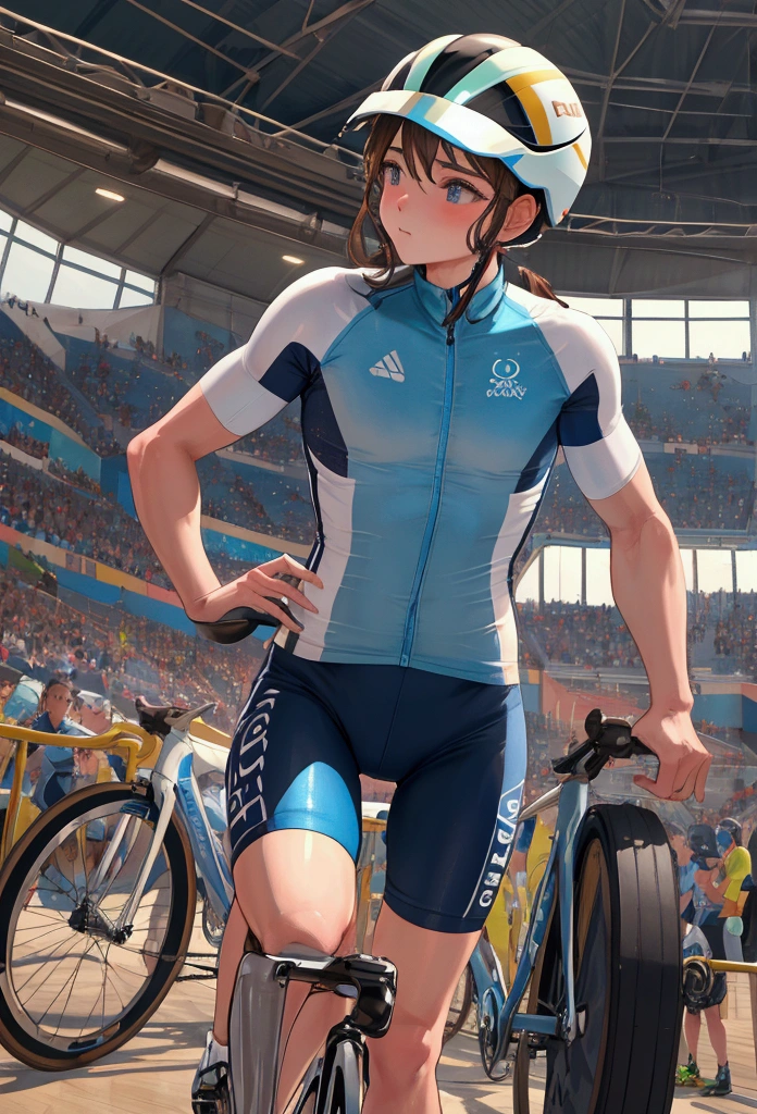 ((masterpiece)), ((Highest quality)), (Very detailed), ((Very detailed)), 4K, (8k), so beautiful, Absurd Hi-Res, Olympic cyclists running on the bank of an indoor stadium. The athlete leans forward to reduce wind resistance.、Wear a sleek, aerodynamic helmet。. There are spectator seats in the background., Bright lights illuminate the players. The athlete's muscle tension and the details of the bike are clearly depicted..
