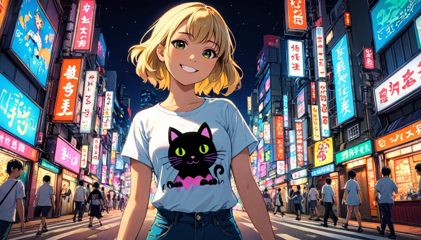 (((wide angle shot, mid body))), Girl, walking, T-shirt, White, Art, Retro, Cartoon Collage, little black cat on sholder, Smile, tokyo city night background, neon light, detailed background, Anime Style