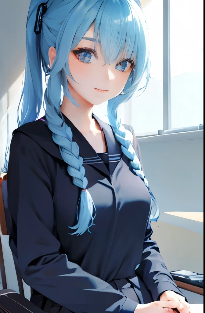1girl, long light blue hair, dark blue, sit in class, black school modern uniform, anime