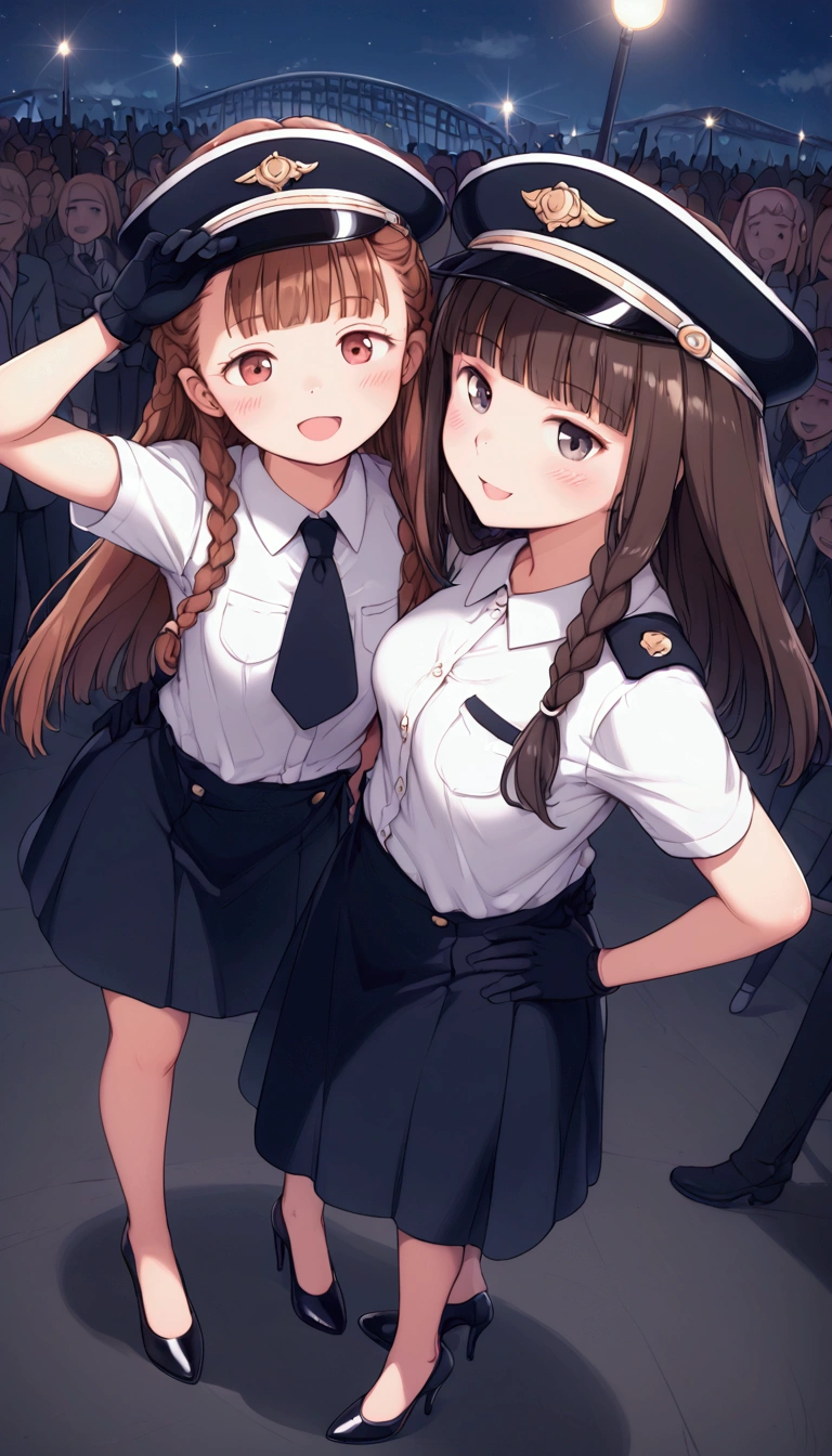 {Highest quality}, {Super beautiful},{Ultra fine},{Best illustration},Brown Hair,Hime cut,Braid,long hair,Two Women,Standing Woman,Strike a pose,Adult women,Saucy,Half-open eyes,look down,Proud,To align teeth,Uniform cap,White shirt,Short sleeve,Black long skirt,White gloves,Black stiletto heels,Night Park,crowd,Slender,From above,Spread your legs,Put one hand on your hip