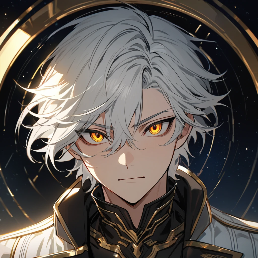 High quality, HD, 4k, no shadows, handsome male, handsome, 1male, 18 years old, 18yo, short white hair, white hair, white hair, white hair, sharp eyes, deep golden colored eyes, dark gold colored eyes, deep gold eyes, gold eyes, devil may cry, close up, calm expression, stoic expression, black leather clothes, white leather clothing, lean body, well trained body, upper body, looking at viewer, cowboy shot, white solar, space background