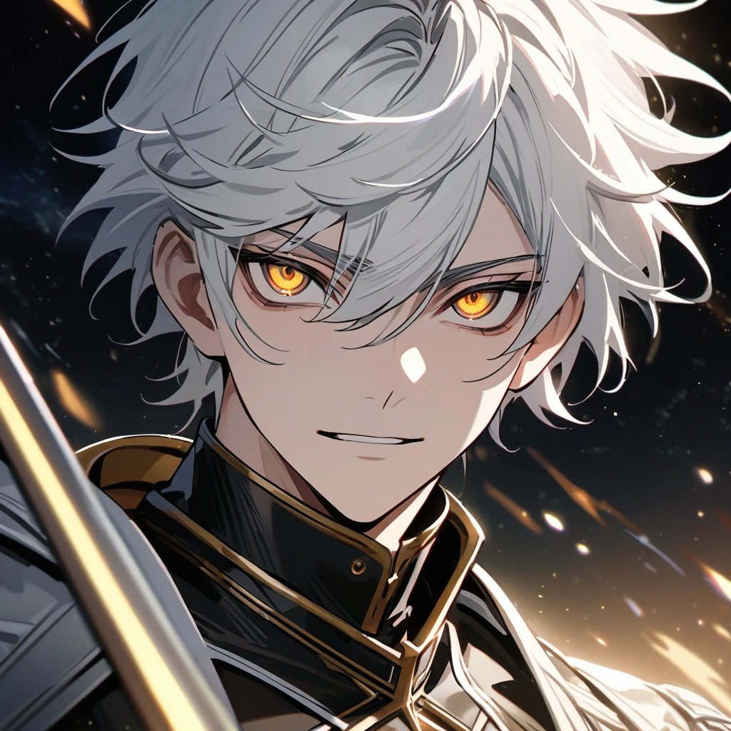 High quality, HD, 4k, no shadows, handsome male, handsome, 1male, 18 years old, 18yo, short white hair, white hair, white hair, white hair, sharp eyes, deep golden colored eyes, dark gold colored eyes, deep gold eyes, gold eyes, devil may cry, close up, calm expression, stoic expression, black leather clothes, white leather clothing, lean body, well trained body, upper body, looking at viewer, cowboy shot, white solar, space background