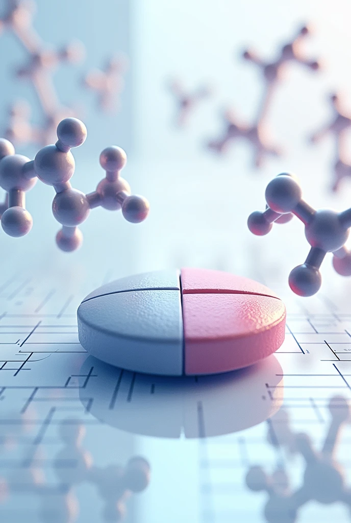An illustration or infographic of medicine molecules or a pill in the foreground.