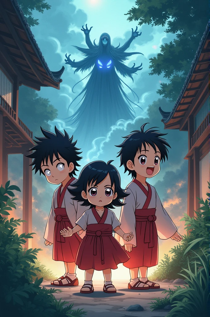 Create an image of young children, triplets, in the style of Demon Slayer.