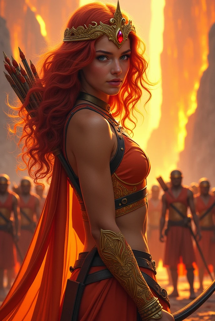 A pretty girl with big red curls hair and a blazing red eyes, wearing an orange and yellow training clothes with her golden ruby crown, holding her bow and her arrows on her back, training at the grounds of the lava kingdom with her strong soldiers.