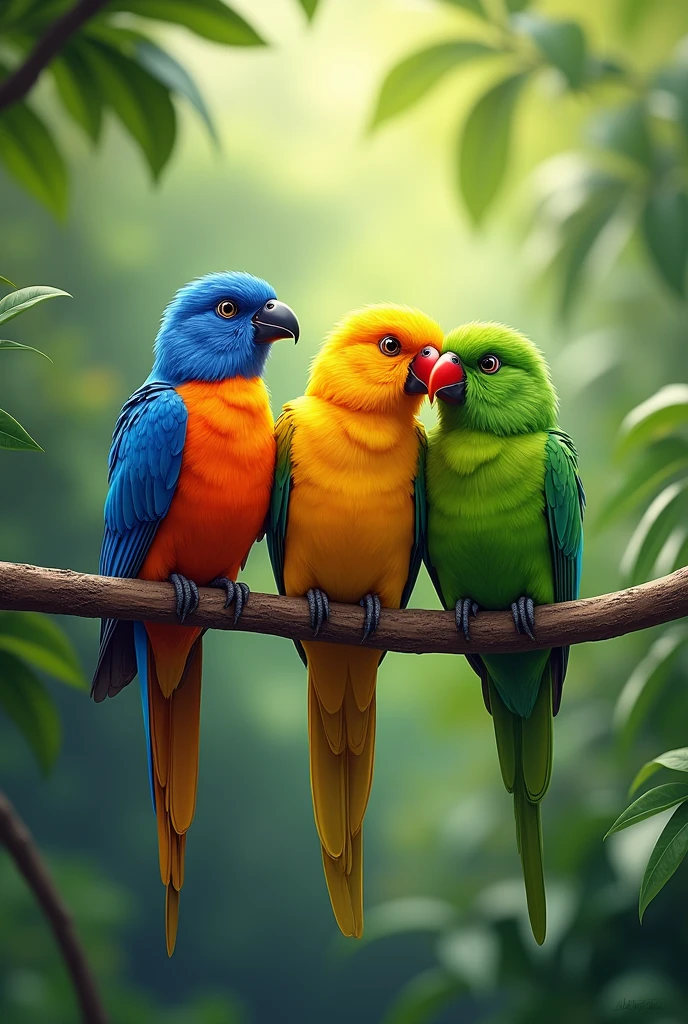 Three colorful birds (blue, yellow, and green) sitting on a tree branch. 