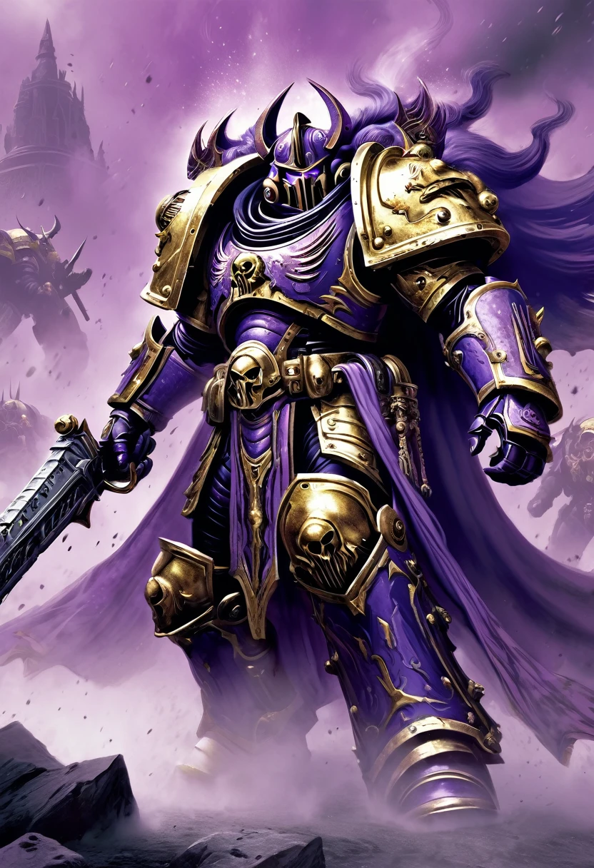 warhammer 40k, a chaos space marine of Slaanesh (purple armor, gold trim, violet cape) emerges from a mysterious fog on the battlefield, boltgun slung on his back
