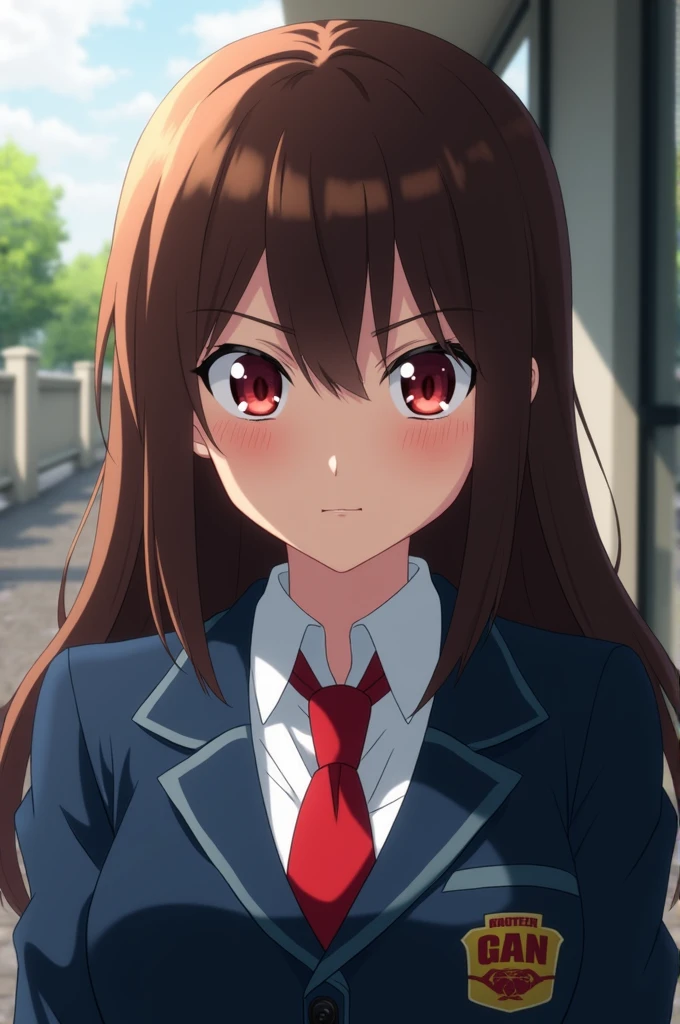 Screenshot of my hero academia.
Brown-haired girl with strong red eyes wearing the UA uniform
