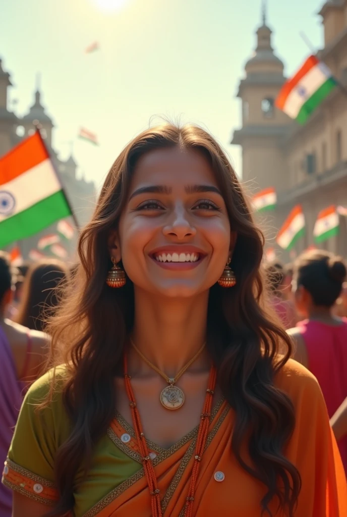 A 21 year old girl with Saare Happy independence day realistic image 