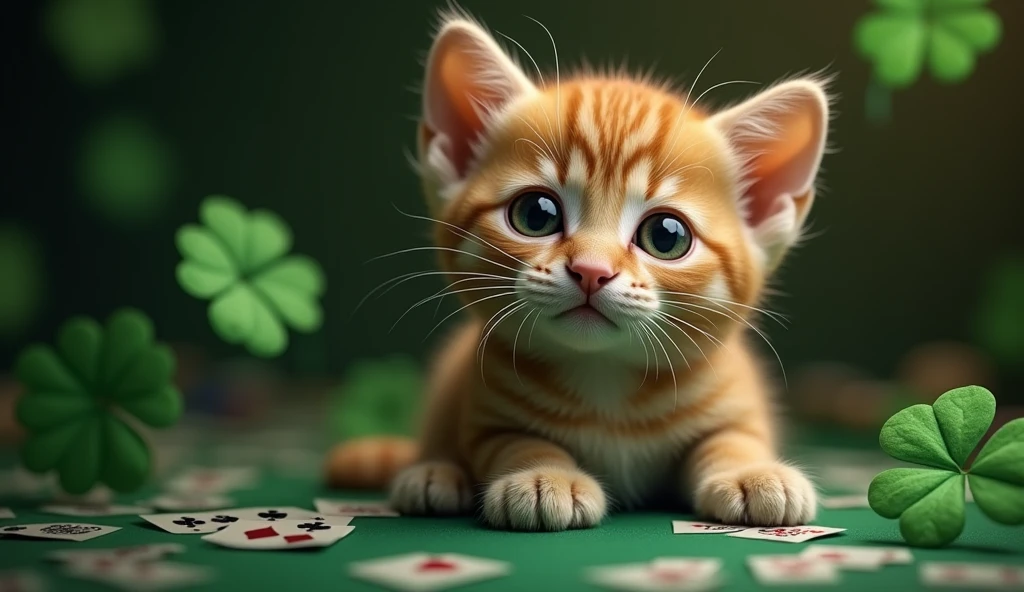 (Highest quality、masterpiece、8k))、Anatomically correct、Very detailed、High resolution、Cinematic lighting、Realistic、((Beautiful, sparkling, detailed eyes))、Intricate details、((Dynamic composition))、Cute kitten、Big head、casino、((card))、((poker))、((The card suit is clover))
a small animal that doesn't exist in reality