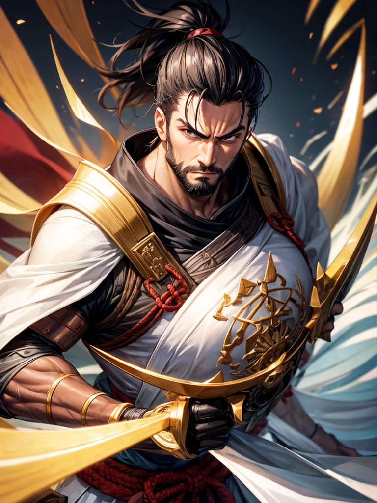 Tall samurai, muscular and virile, short hair in a small ponytail, fierce eyes, serious expression and a small beard on his chin. revealing armor, with a muscular and sexy body. 