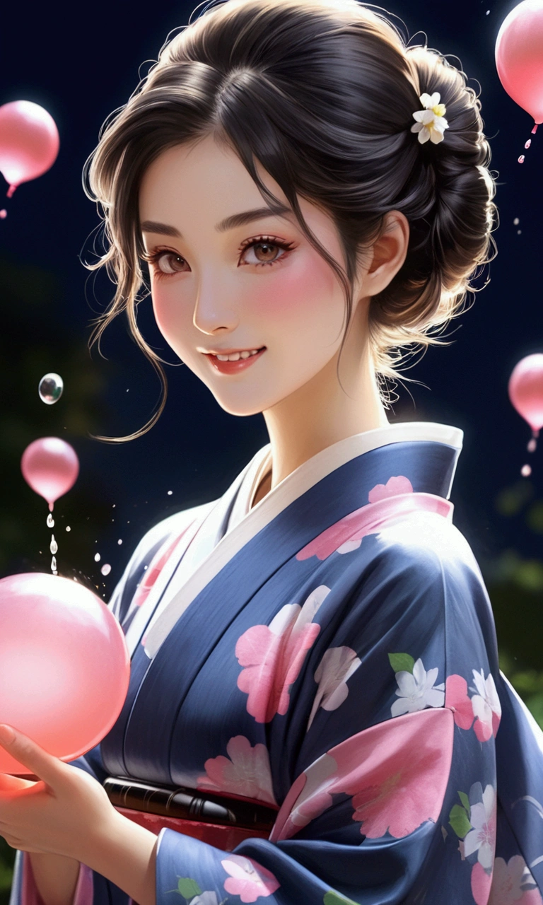 Taisho Romance　A very beautiful Japanese woman in a kimono is playing with water balloons.　Summer in Japan祭り　tray　nice smile　Beautiful and detailed eyes　at night　　summer night　Summer in Japan　Ink Painting　Ink illustrations　pale colour