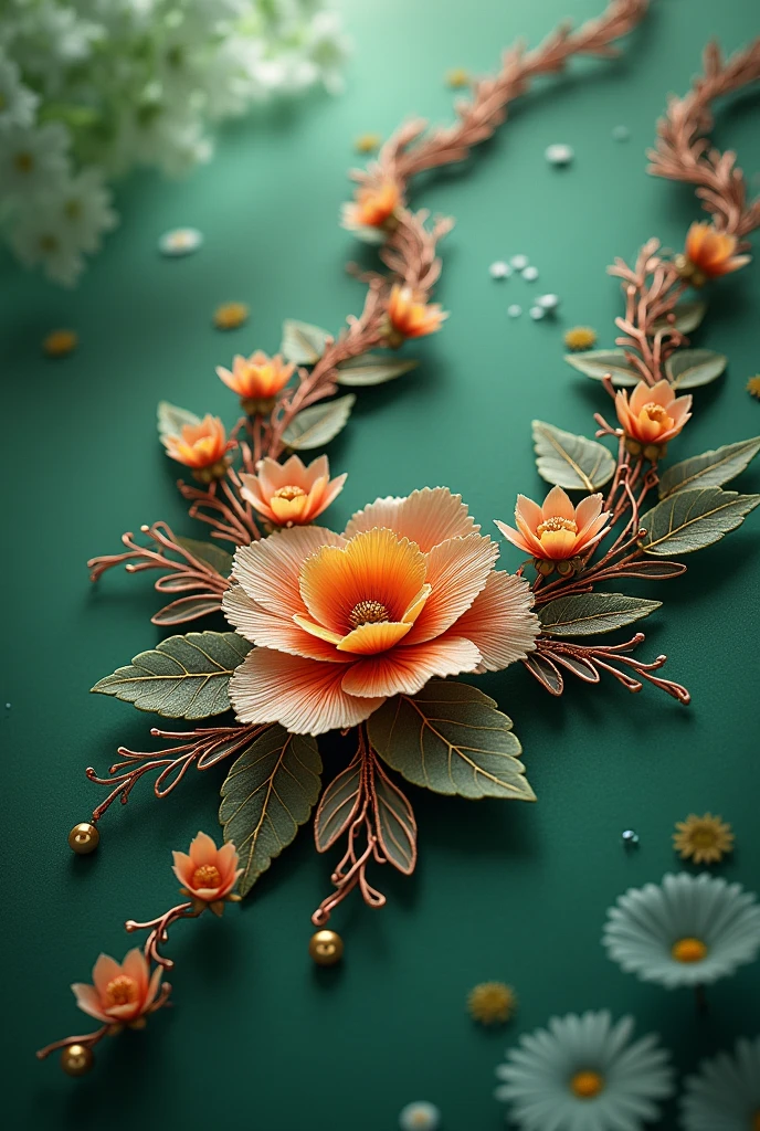 Design a jewelry image with fish scales (flowers and combs) that are joined with copper thread and covered with green paper.
The background should convey tranquility and confidence.