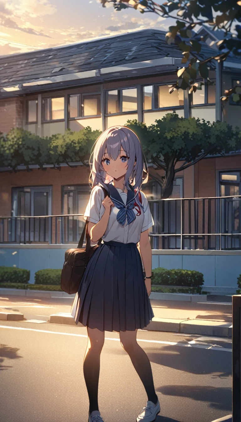 One Woman、beautiful girl、after school、evening、high school girl、School、Back of the school building、Schoolyard、winter、Under the big tree、that'that'it's snowing、Snowfall、Blazer Uniform、Pleated skirt、Duffle coat、Black knee-high socks、Long Hair、Wear a scarf、Highest qualthaty, Thick thighs、big 、Black Hair