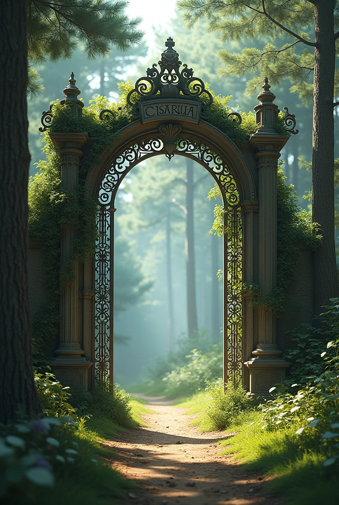 Pine forest with a gate that reads "Cisarua"