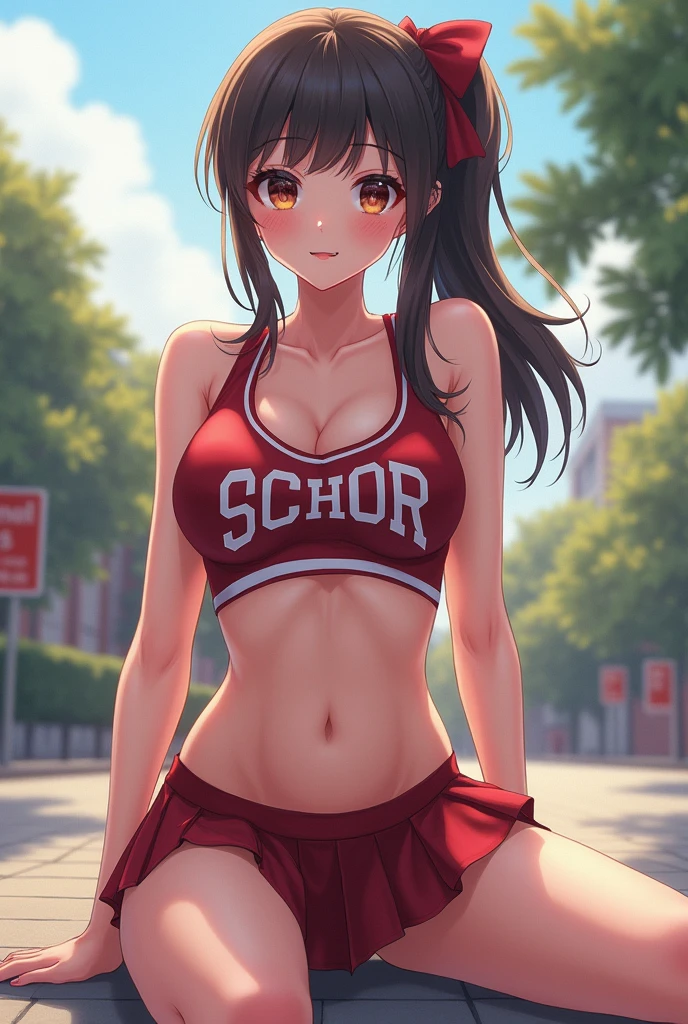 cheerleader,little smile,cheer leading,cheerleader uniform, (((masterpiece))), (((best quality))), ((ultra-detailed)), (illustration), ((an extremely delicate and beautiful)),(bokeh,blurry background),(best shadow), 1girl,white panties, black hair, long hair, kawaii,cute, shine Highlight Spot on eyes, character focus,head tilt, all body, white sneaker, detailed face, ((view from bottom )), panty visible, nsfw, cute and sexy, ((miniskirt)), big ass, big boobs
