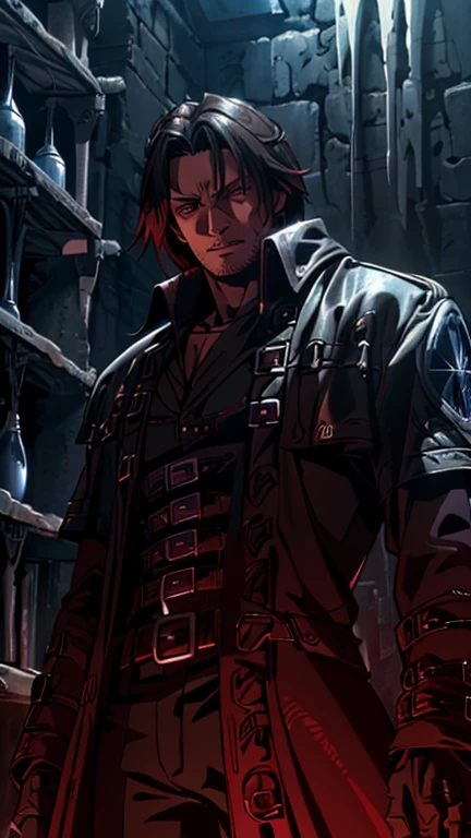 (1boy, VanHelsing2004), (extremely detailed CG unit 8k wallpaper),(master part), (best quality), (ultra detail), (best illustration),(wanostyle), cowboy shot, (Sharp eyeliner, ombre, detail eyes), dark dungeon interiors background, ,break , (vamptech),Hugh Jackman,