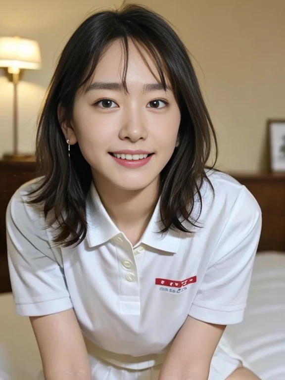 doggystyle, (Masterpiece, Best quality: 1.3), (Ultra realistic, Photo-realistic: 1.2), From above, Natural light, 28 years old actress, Japanese women, Neat and clean, (White tennis uniform, White short-sleeve polo shirt:1.2), (unbutton:1.3), (White tennis skirt:1.2), white sock, (Ponytail: 1.1), (Beautiful face), Oval face, clear, Beautiful eyes, Kind eyes, Clear skin, Small face, Beautiful mouth, Small mouth, Natural makeup, Approachable, (nsfw:1.2), Seductive smile, (Seductive pose: 1.3), (Beautiful thighs: 1.2), (Bedroom eyes: 1.2), Embarrassed, Blush, Luxury hotel Suite room, On bed, Hidden camera installed in suite room captures obscene reality of girls high school, (lesbian couple , petting together:1.1), grabbing crotch, erotic hag,