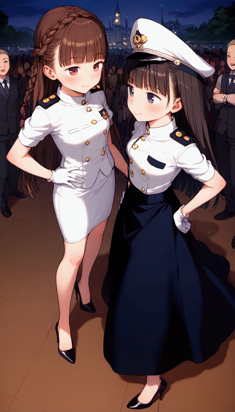 {Highest quality}, {Super beautiful},{Ultra fine},{Best illustration},Brown Hair,Hime cut,Braid,long hair,Two Women,Standing Woman,Strike a pose,Adult women,Cheeky face,Half-open eyes,look down,Proud,Uniform cap,White shirt,Short sleeve,Black long skirt,White gloves,Black stiletto heels,Night Park,crowd,Slender,From above,Spread your legs,Put one hand on your hip