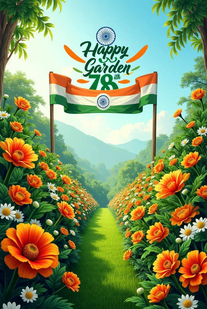 Create a garden poster for a garden on 78th independence day of india the brand name Greenary it should be Attracting eye catching